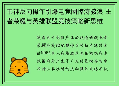 韦神反向操作引爆电竞圈惊涛骇浪 王者荣耀与英雄联盟竞技策略新思维